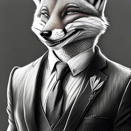 Illustrative sketch of a image of a humanoid fox, ironic smile, suit and tie, ultra quality line art, 8k