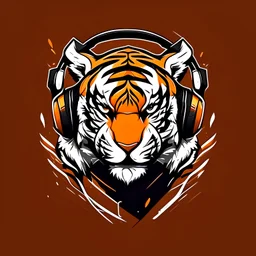 Create a logo with a simple animated style illustration of the face of a tiger with gamer headphones