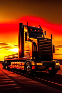 Step deck trailer with Peter built truck. Black and gol. Futuristic. Background sunset