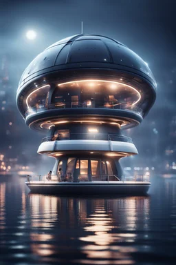 a misty catamaran dome modular house boat that looks like a dark twisted alien space ship with spotlights, in advanced hi tech dock, bokeh like f/0.8, tilt-shift lens 8k, high detail, smooth render, down-light, unreal engine, prize winning