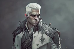 A white masculine human with white hair. A Lot of Battle Scars. Full body. Dark Military clothes. HD