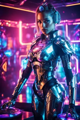 Photography High detailed super model beautiful woman as DJ robotic in disco club playing music DJ,with cybernetic elements on metal armor futuristic, neon lights reflections,intricate design and details, dramatic lighting, Cinematic lighting, Volumetric lighting, Epic composition, Photorealism, Bokeh blurry