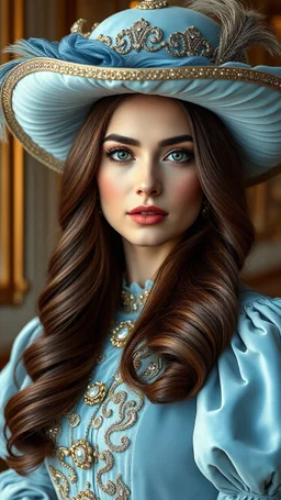 full body beautiful Fahriye Evcen actress with long hair and luxurious hat wearing light blue velvet dress with puffed sleeves and ornaments posing for fashion magazine cover, Photorealistic, soft facial features, 8k, Rococo style, intricate details, dramatic, vivid contrast, soft facial features, fresh colors