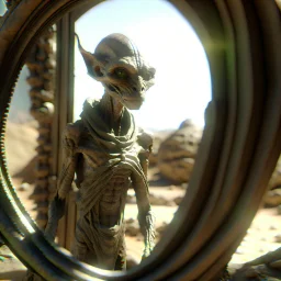 alien elf in portal to the desert, photo-realistic, shot on Hasselblad h6d-400c, zeiss prime lens, bokeh like f/0.8, tilt-shift lens 8k, high detail, smooth render, down-light, unreal engine, downlight