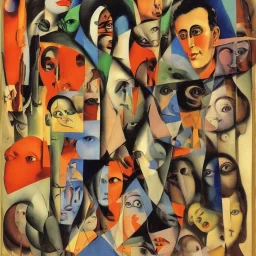 An aphoristic collage of characters, Dada, Surrealism, by artist “Raoul Hausmann", by artist "Francis Picabia," complementary colors, analogous colors, perspective, deep focus, centered, crisp, clear, high resolution"