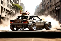 A car that's a hybrid between a organic crab and a mecanic tank, robotic, ready for battle, worn-out, with large rims and tires, fully mechanical, on a street in post-apocalyptic cities.