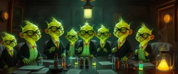 master oil painting by Rembrandt, A group of glowing, cartoonish uranium creatures in a dimly lit boardroom, wearing tiny suits and glasses, with playful but slightly mischievous expressions. Their bodies emit a soft greenish glow. The room is filled with scattered papers, glowing vials, and miniature nuclear reactors. Style: whimsical digital illustration, cinematic lighting, colorful, slightly exaggerated features, playful yet mysterious atmosphere.