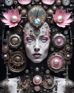 Neo Surrealism picture cyborg mechanical elements face in luxurious Beautiful steampunk venetian canial wite ad black bioluminescense& pink irridescensestyle close up woman cyborg mechanical face adorned mechanicals with pearl art,mollusk clocks headress with mollusk clocks colour water lily black irridescent flower wearing pearl art style mollusk gears ribbed costume metallic filigree venetian carnival style Golden dust make up, irridescent masque and costume organic bio spinal al ribbed bokeh