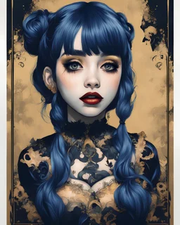 Poster in two gradually, a one side malevolent Goth vampire girl face illustration by <John Kenn Mortensen> and other side the Singer Melanie Martinez face, painting by Yoji Shinkawa, darkblue and gold tones,
