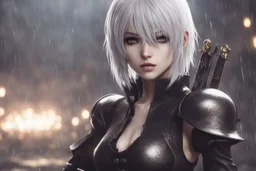 Hot 2B with whit eye in 8k nier automata artstyle, 2B them, 2B Custom, close picture, rain, fantasy world, intricate details, highly detailed, high details, detailed portrait, masterpiece,ultra detailed, ultra quality