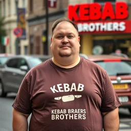 a little fat swedish man standing on a busy street wearing a t-shirt. a kebab brothers t shirt, with a kebab brothers logo, KEBAB BROTHERS tattoo in forehead, KEBAB BROTHERS Sign in background, Kebab brothers store, Kebab Brothers sign on cars, Kebab Brothers