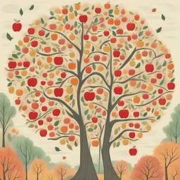 The branches that are like apples are on the side of the page and behind it is a very colorful forest