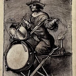 leonardo da vinci, playing drums, steampunk, art nouveau,