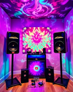 A beautiful design with photos of standing party speakers, party boxes, headphones, mobile chargers, and JBL speakers in the center of the room with a beautiful, unique, and psychedelic color theme.