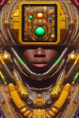 a beautiful full frame portrait digital painting of futuristic gaspunk, ghana kente, close-up, macro lens, centered camera, titanium accents, intricate details, small minutiae, tiny features, particulars, colorful, 8k, least ambient occlusion, volumetric lighting, volumetric clouds