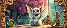sacred geometry embroidered patterns, totally symmetric fluffy angel robot gremlin slug nice cheerleader singing on ornate carved magical bridge in garden , close up portrait strong aura, oil painting and air brush, in swing net