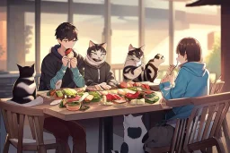 Ac cat wearing a hoodie is sitting on a table and eating sushi