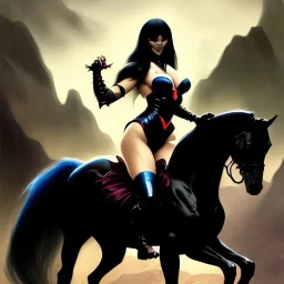 ultra detailed portrait of beautiful Vampirella Riding a black horse,wearing plate armor, extremely detailed digital painting, in the style of FRANK FRAZETTA and Earl Norem and fenghua zhong and ruan jia and jeremy lipking and peter mohrbacher, mystical colors, rim light, beautiful lighting, 8 k, stunning scene, raytracing