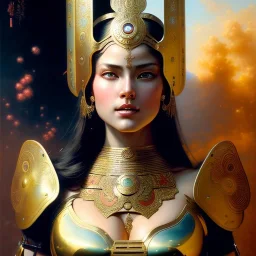 portrait ' beautiful busty Female Warrior',ancient metal armor and Helmet ,painting by gaston bussiere, greg rutkowski, yoji shinkawa, yoshitaka amano, tsutomu nihei, donato giancola, tim hildebrandt, oil on canvas, cinematic composition, extreme detail,fit full head inside picture,16k