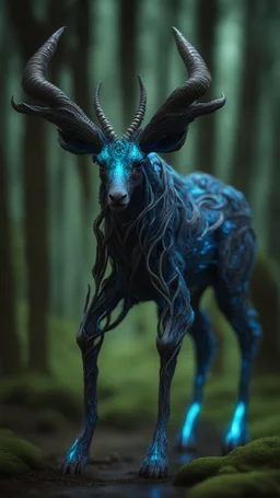 Dark forest, fantasy forest, gazelle with blue neon Crystal horns , intricate details, highly detailed, dreamshaper finetuned model with dynamic art style witg