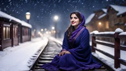 Hyper Realistic Photographic View Of A Beautiful Young Pashto Woman With Beautiful Eyes Lips & Nose (Wearing Beautiful Navy-Blue Frock With Purple Embroidery & White-Wool Shawl With Her Long Black Whirling In Air, Cold Breeze) Happily Sitting On The Bench & Smiling At The Village Railway Platform At Heavy Snowfall Night Showing Dramatic & Cinematic Ambiance.