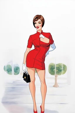 cartoon style full body image of very feminine, dark brown haired 50 year old sexy stewardess in red uniform with short bob cut and strong, seductive makeup, smoky green eyes, highly shiny white plastic gloves, big thick pouty bright red lips, who looks a bit like Marilyn Monroe