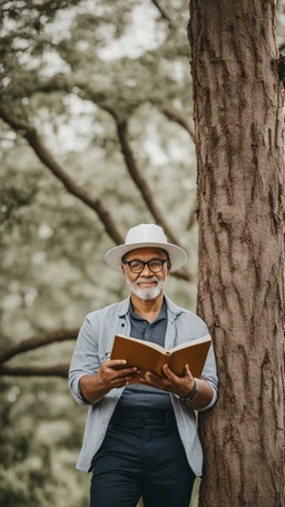 A man wearing a white Dad Hat, wearing glasses, and reading with a tree behind him, high resolution