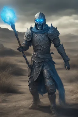 photorealistic Ancient undead psi-warrior knight commander wearing fullplate being surounded by blue aura wandering the wasteland