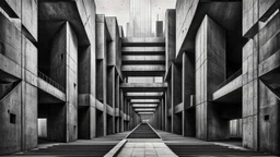 A dark, cold and surreal abstract artwork inspired by brutalism and brutalist architecture. Massive monolithic concrete structures form an impossible architectural passageway, with severe geometric shapes, enormous walls, sharp angles, deep voids and distorted perspective. The architecture feels oppressive, mysterious and dreamlike rather than realistic. Use a cold palette of graphite black, concrete grey, steel blue, icy blue and desaturated cyan, with subtle atmospheric dramatic shadow