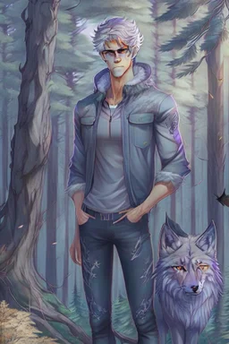 The handsome and perfect full body is on the spruce land, anime, a casual, gray-haired and lilac-eyed male character with wolf ears and a feline tail in the forest, 8K resolution, high quality, ultra graphics, and detailed with lines.