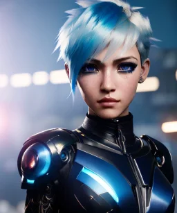 Cyborg anime warrior, light blue hair, pixie hairstyle, cobalt eyes, pierced ears, waist up portrait, 8k resolution, intricate details, ornate details, soft lighting, vibrant colors, retroanime, masterpiece, intricate eyeliner, dark eyeshadow, eyes, intricate tattoos, futuristic cityscape background