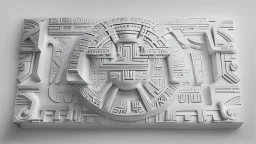 futuristic, realistic, mayan lettering on white matte metal plate