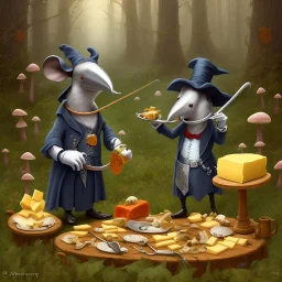 A Plague Doctor (AND) a Mouse having a port & cheese party in a forest of mushrooms by a river, art by Pixar and Disney