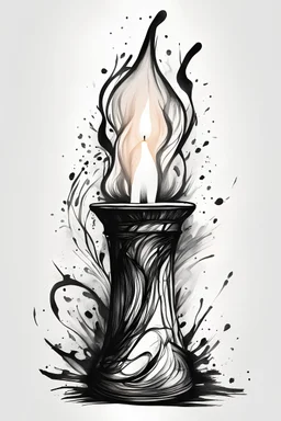 A realistic drawing in negative space black ink on white background of a beautiful candle lamp with abstract brushstrokes design