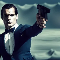 henry cavill as james bond, pointing gun, with spiral background, cinematic, hd, 4k