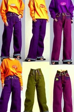 year 1998 women fashion. Loose, baggy, low waist Combat pants, t-shirt, new kind of hoodie with tippet! recycled denim trousers. Colors: denim blue, blue, purple, cream, khaki, "light green", lilac, plum, orange, terracotta, red, light yellow, lion yellow, pink, dark blue, beige. Sturnus vulgaris-print. wide belt. Partly latex or leather. Kylie Minogue, Tyra Banks. leg warmer. Cargo pants and hoodie!