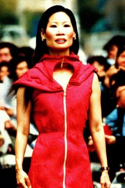 Rare image of Lucy Liu in Carelian Dress. 1990's women fashion with new kind of hood with tippet horizontal zipper reveals belly i.e. light dress with integrated bags of recycled denim straight, fish print with huge vulgarism that continues downwards to Haute couture e.g. tighty sewing or high dressmaking, exclusive designer creations, Label Ensemble. Off-the-rack. Hemline. In vogue. Fashion-forward bohemian.