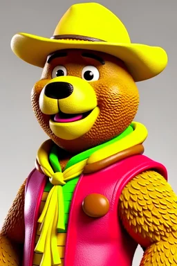 Anthropomorphic bear dressed like Woody from Toy Story