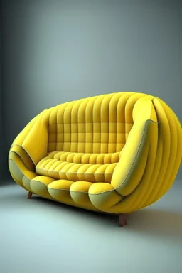 create a 3d image of a sofa which has the style of mid century but looks like a banana. It should look like a 3d model and look like its made out of fabric which would be comfortable to sit on