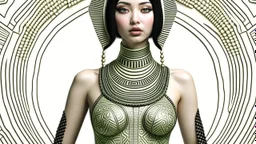 pale alien woman wearing exotic clothing. Black hair bob