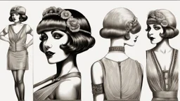 Full Body, burlesque Woman With A Bob With A Fringe Hairstyle, 1920s flapper style Clothing, Steampunk, Black Background, photorealism