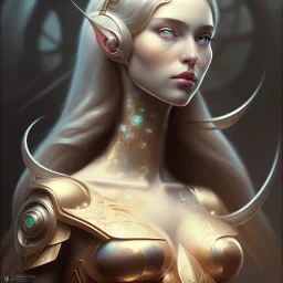 mdjrny-v4 style portrait of female elf, intricate, elegant, highly detailed, digital painting, artstation, concept art, smooth, sharp focus, illustration, art by artgerm and greg rutkowski and alphonse mucha, 8k