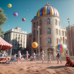 Ultra realistic circus scene. Child’s playing, smile, happy, color bubbles, smooth color, waist up view, Wes Anderson style, a lot of people background, highly detailed, concept art, unreal engine 5, god rays, ray tracing, RTX, lumen lighting, ultra detail, volumetric lighting, 3d, finely drawn, high definition, high resolution.