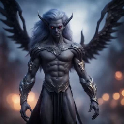 star born dark elf grey angel nephilim vampire with muscles and big wig, Guiding souls through twilight, where the shadows flee In this realm of aftermath, phantoms softly tread Following the will-o-wisp, where the lost are led ,bokeh like f/0.8, tilt-shift lens 8k, high detail, smooth render, down-light, unreal engine