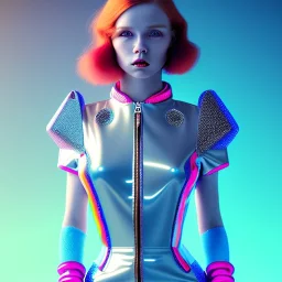 redhead woman teenager, few freckles, padded coat, retro futuristic, latex dress, gradient color, BLUE, PINK, CYAN, neon, insanely detailed, 16k resolution, perfect eyes, cinematic smooth, intricate detail