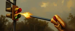bazooka shooting a hot dog into a traffic light, painted by Rembrandt