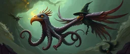 octopus bird witch looks beyond really powerful, fantasy illustration