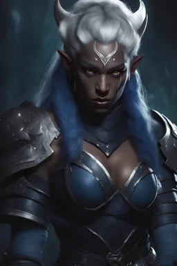 a young dark blue skinned orc woman, big tusks, wearing armor, white undercut hair, defined muscles, dramatic lighting