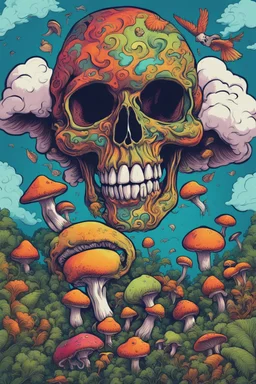 Psychedelic skull looking high and grinning, surrounded by clouds and overgrown with psychedelic mushrooms. Birds flying around the skull. Digital drawing. Colorful. t-shirt design. Cartoon. Digital cartoon. Mid detailed. Super happy. Cheerful. Light hearted. Colorful. Vibrant colours.