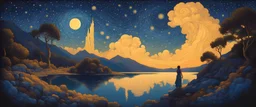 greek mythology, warrior women far in the distance, in the style of Maxfield Parrish, Starry night, James R. Eads